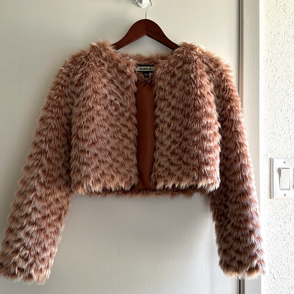Bebe Pinky Coral Crop Faux Fur Jacket